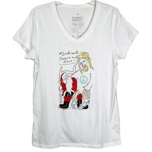 NWOT Farm Fresh The Dude Wants Peace & Love Santa Graphic V-Neck Tee Women’s XL